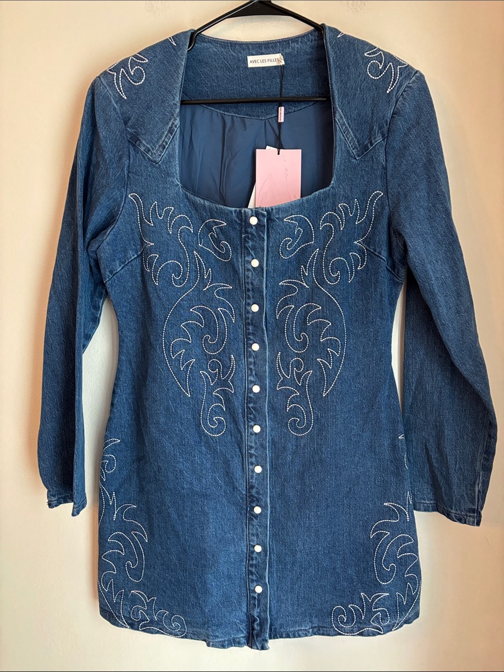 Avec Les Filles Western Embroidery Long Sleeve Denim Minidress cowgirl women 12